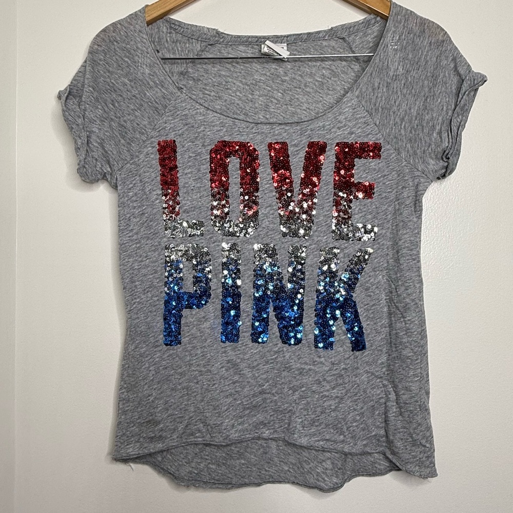 PINK Victoria’s Secret Sequined Gray T Shirt Size XS Red Silver Blue Thin Fabric